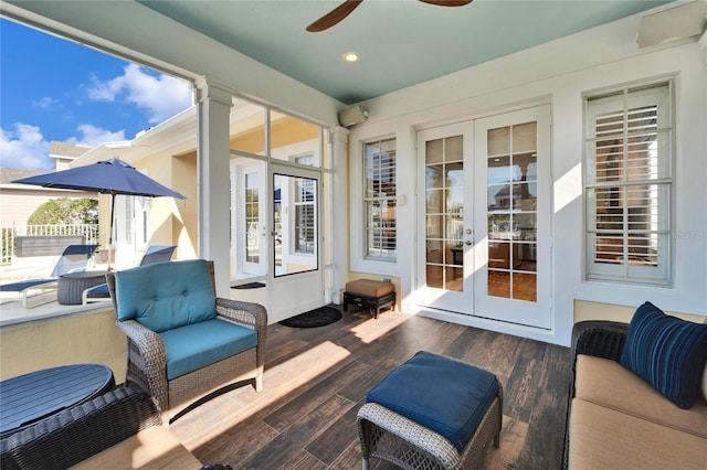 view of patio featuring ceiling fan and french doors