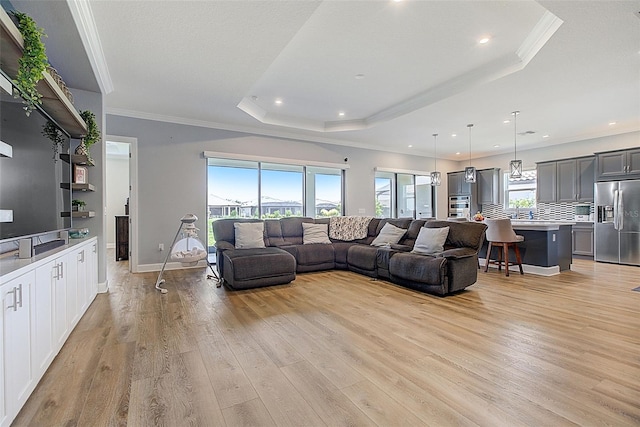 living room with a tray ceiling, light hardwood / wood-style flooring, and ornamental molding