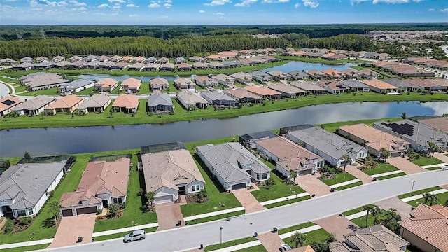 drone / aerial view featuring a water view