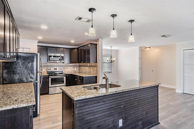 kitchen featuring an island with sink, appliances with stainless steel finishes, decorative light fixtures, light stone countertops, and sink