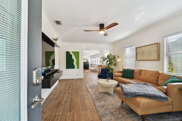 living room featuring ceiling fan and dark wood-type flooring