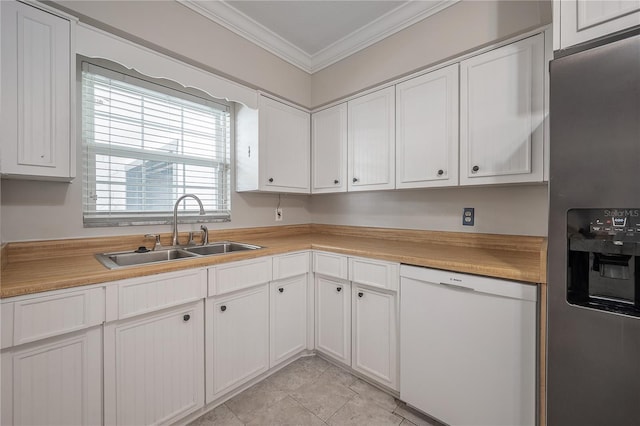 kitchen featuring stainless steel refrigerator with ice dispenser, sink, white cabinetry, ornamental molding, and dishwasher