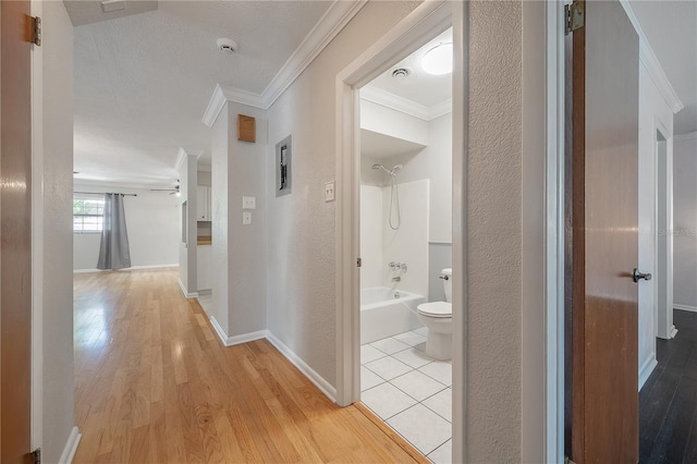 hallway featuring crown molding and light hardwood / wood-style flooring