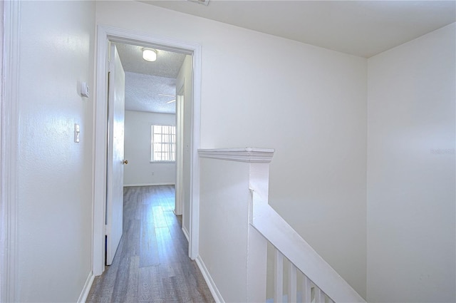 corridor featuring wood-type flooring and a textured ceiling