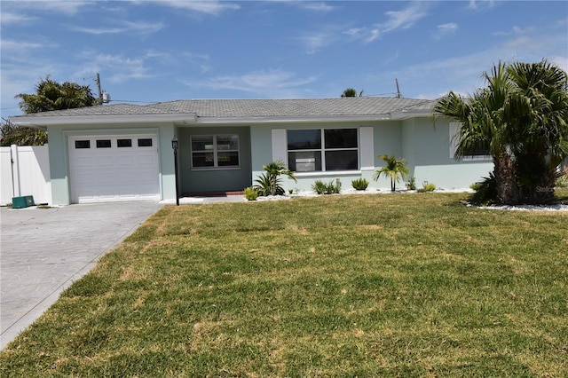 123 9th St, Belleair Beach, FL 33786 - single story home featuring driveway, an attached garage, fence, a front yard, and stucco siding