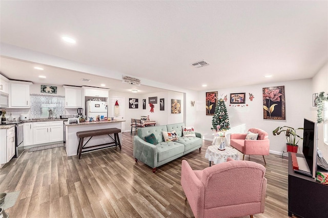 living room with hardwood / wood-style floors and sink