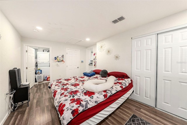 bedroom featuring dark wood-type flooring and a closet