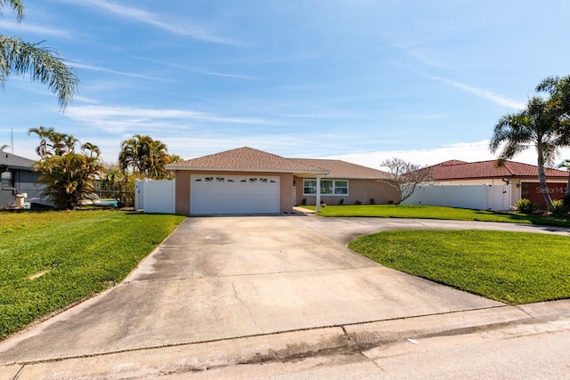 ranch-style house featuring a garage and a front yard