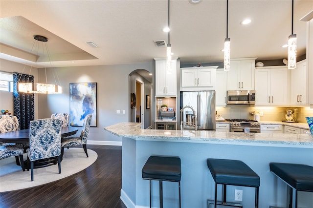 kitchen with backsplash, decorative light fixtures, a tray ceiling, high quality appliances, and white cabinets