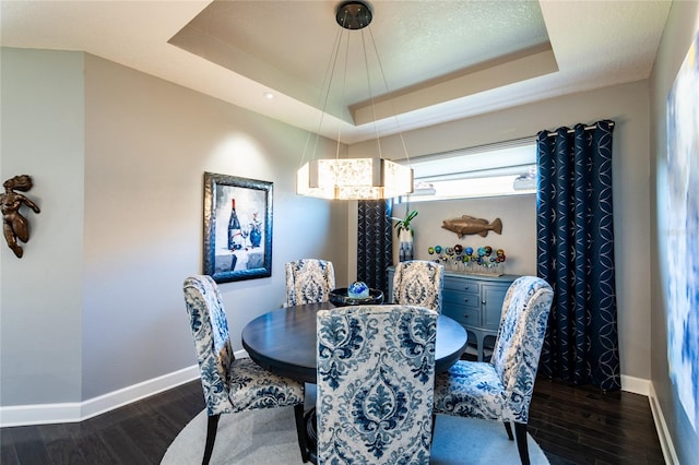 dining room featuring a tray ceiling and dark hardwood / wood-style floors