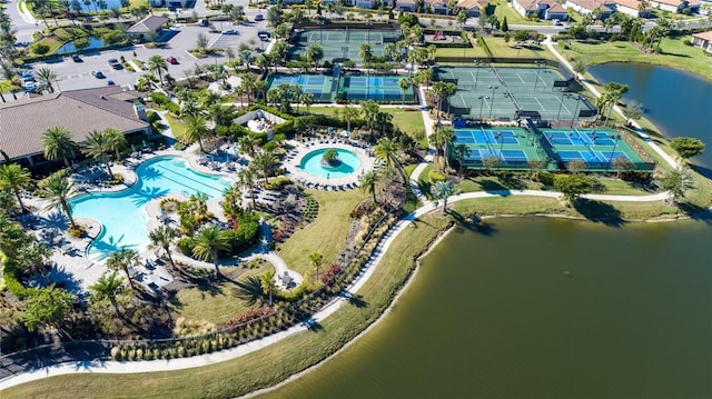 aerial view featuring a water view