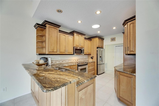 kitchen featuring stainless steel appliances, dark stone countertops, backsplash, kitchen peninsula, and light tile patterned floors