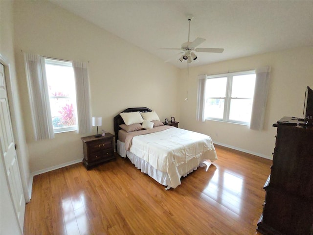 bedroom featuring ceiling fan and light wood-type flooring