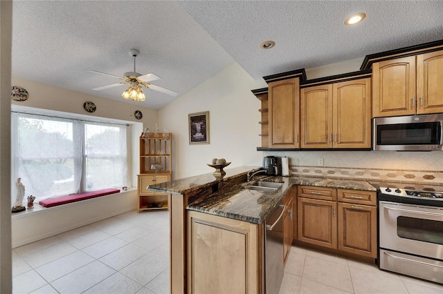 kitchen with tasteful backsplash, ceiling fan, vaulted ceiling, sink, and appliances with stainless steel finishes