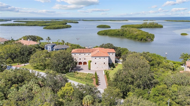 aerial view featuring a water view