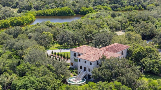 drone / aerial view featuring a water view