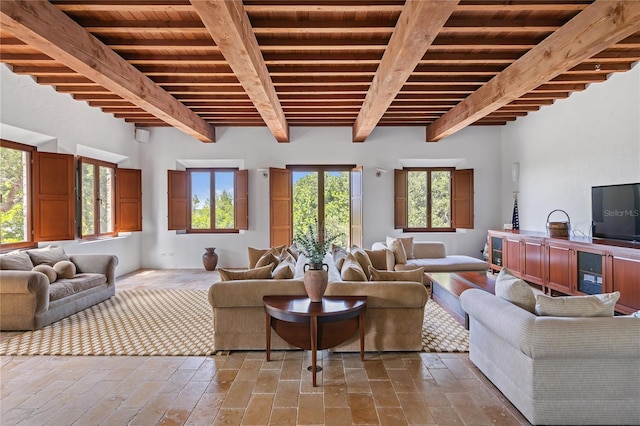 living room with beam ceiling and wood ceiling