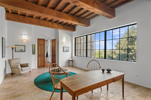 interior space featuring beamed ceiling and wood ceiling