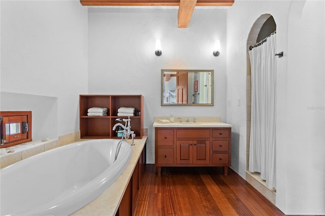 bathroom with separate shower and tub, vanity, and hardwood / wood-style flooring