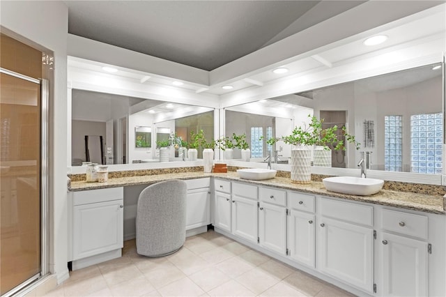8701 Ballantrae Way, Tampa, FL 33647 - bathroom featuring vanity, a shower with shower door, and beamed ceiling