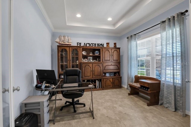 office with recessed lighting, baseboards, a tray ceiling, and ornamental molding