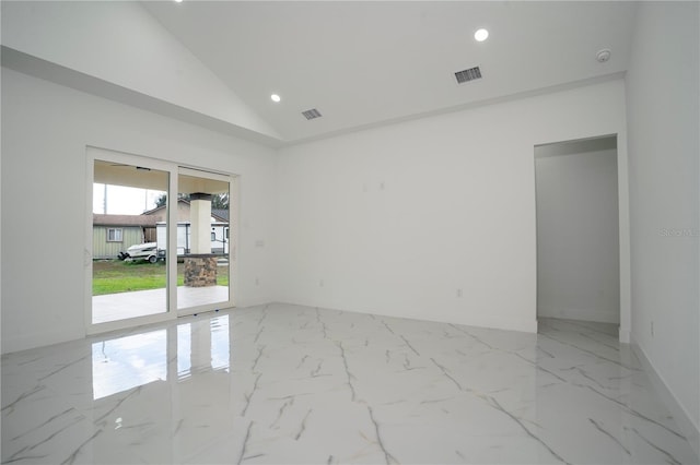 spare room featuring marble finish floor, high vaulted ceiling, visible vents, and recessed lighting