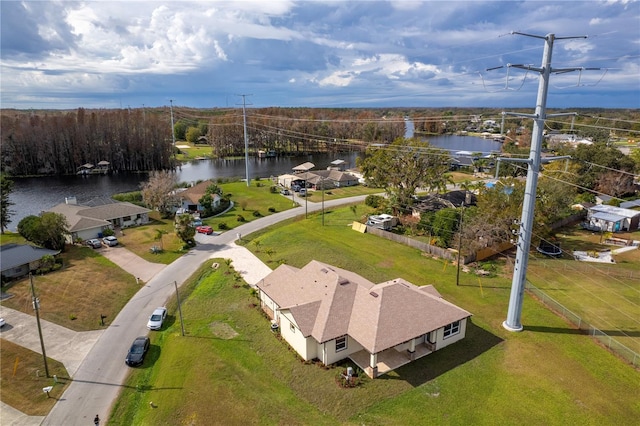 bird's eye view with a water view