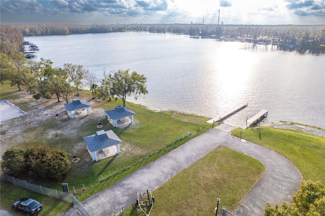 bird's eye view with a water view