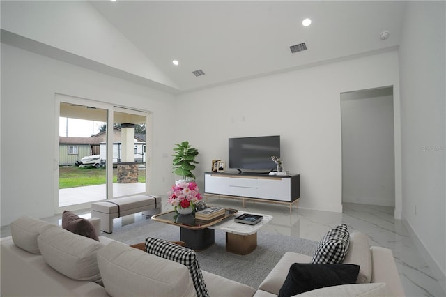 living room with recessed lighting, marble finish floor, visible vents, and baseboards