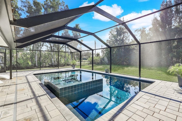 view of swimming pool with a lawn, a patio area, and glass enclosure