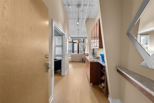 hallway featuring rail lighting and light hardwood / wood-style flooring