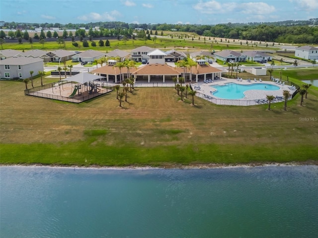 aerial view featuring a water view