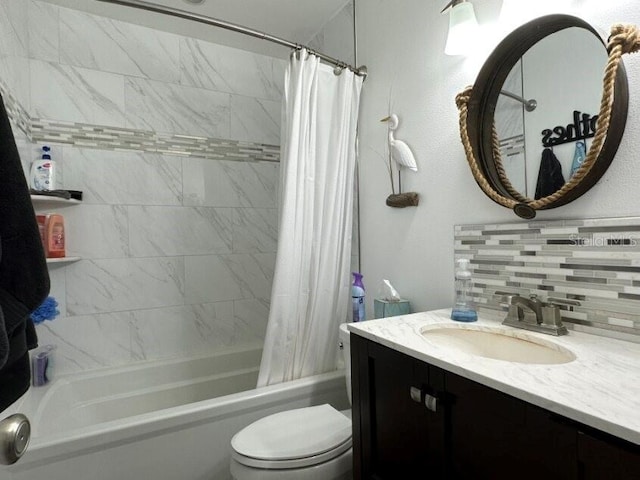 full bathroom with shower / bath combination with curtain, toilet, backsplash, and vanity