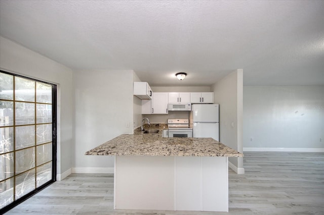 kitchen with kitchen peninsula, sink, white appliances, white cabinetry, and light stone counters