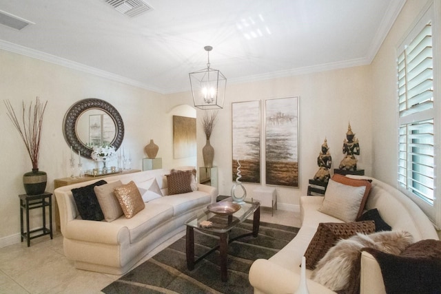 living room featuring crown molding, light tile patterned flooring, and a chandelier