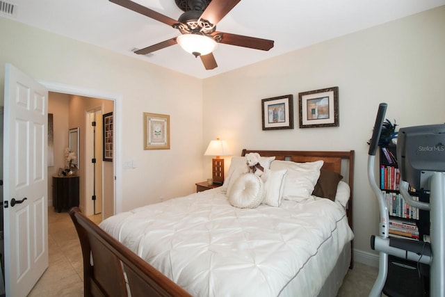 bedroom with light tile patterned flooring and ceiling fan