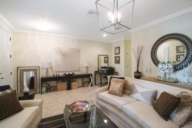 tiled living room with an inviting chandelier and ornamental molding