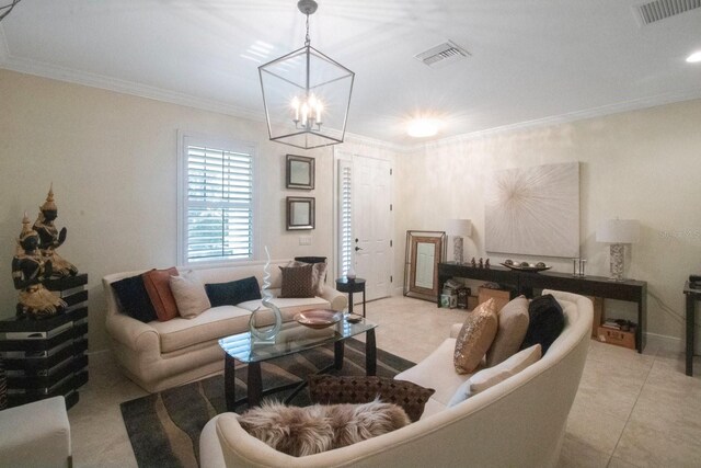 tiled living room with an inviting chandelier and ornamental molding