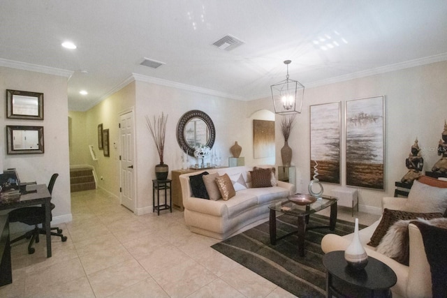 tiled living room with ornamental molding and a chandelier