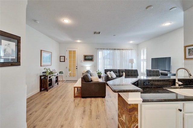 living room with a textured ceiling, light hardwood / wood-style flooring, and sink