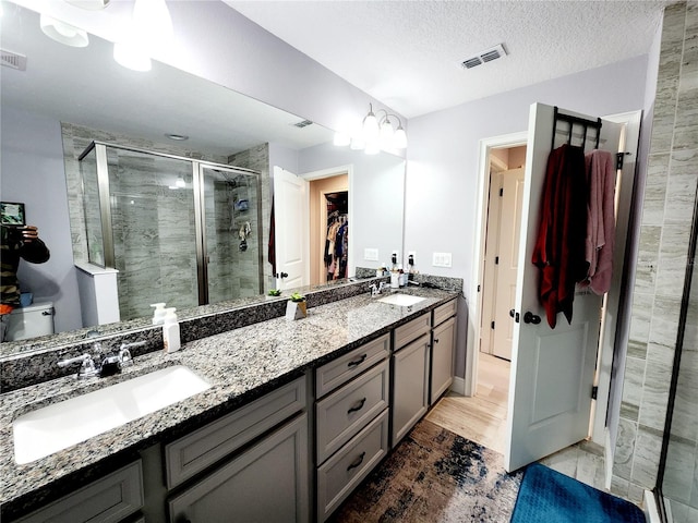 bathroom with a shower with door, a textured ceiling, toilet, and vanity