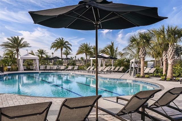 view of swimming pool featuring a gazebo and a patio area