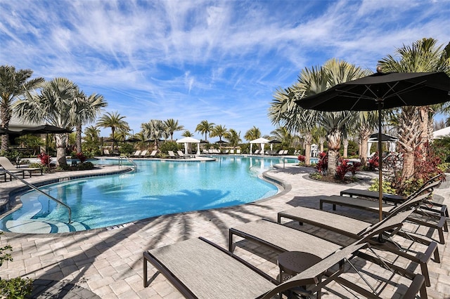 view of swimming pool featuring a patio area