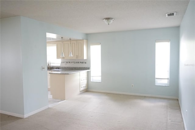 kitchen featuring backsplash, light colored carpet, and a healthy amount of sunlight