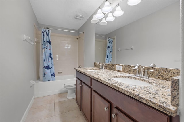 full bathroom with tile patterned floors, vanity, shower / bath combination with curtain, and toilet