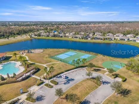 aerial view featuring a water view