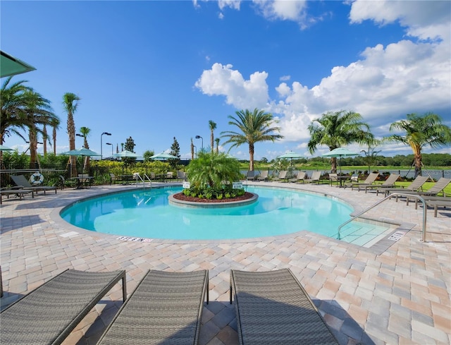 view of swimming pool with a patio