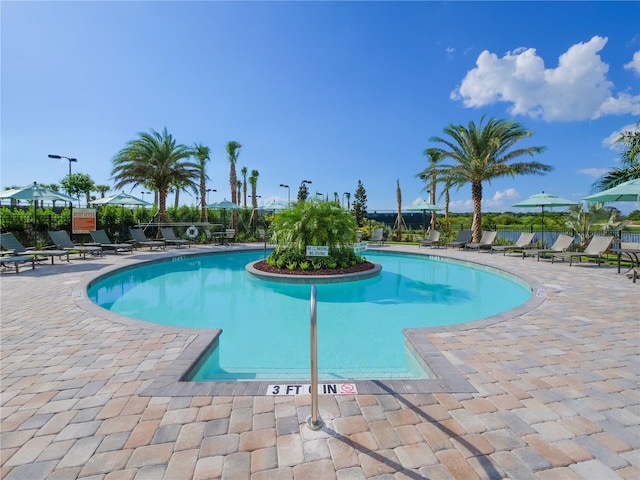 view of swimming pool featuring a patio