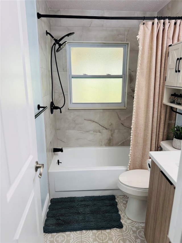 full bathroom featuring toilet, tile patterned floors, vanity, and shower / tub combo with curtain