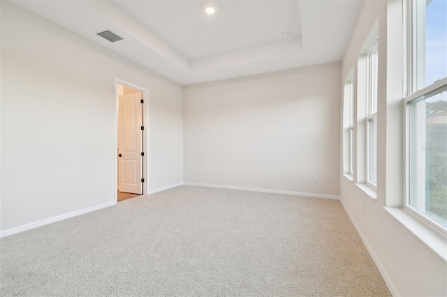 carpeted empty room featuring a raised ceiling